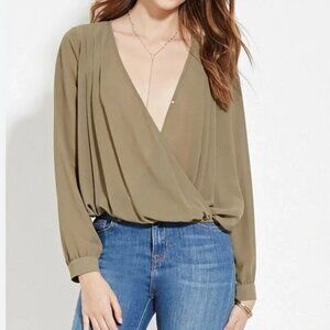 Forever 21 Olive Green Surplice-Front Pleated Blouse